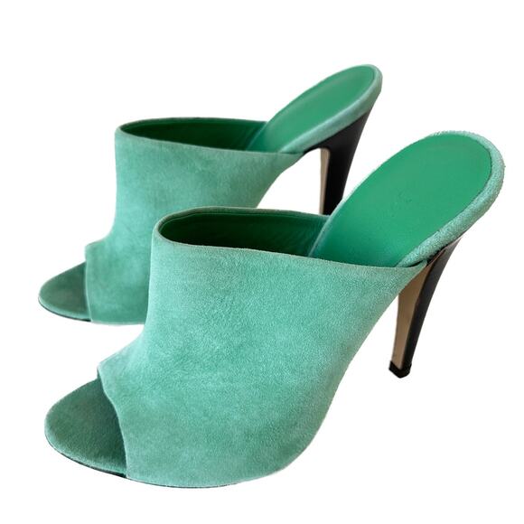 Jenni Kayne Green Suede Peep Toe Mule Heels Size 37 - Picture 2 of 14